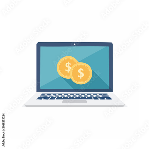 Laptop displaying coins, flat design illustration