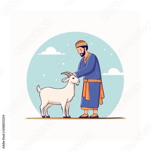 Man in traditional robe petting a goat illustration
