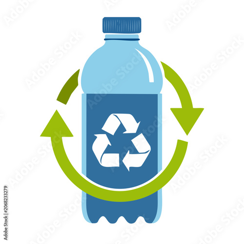 Plastic bottle with recycling symbol and green arrows