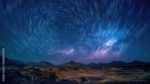 Star trails circle the night sky over a desert landscape under a starry expanse