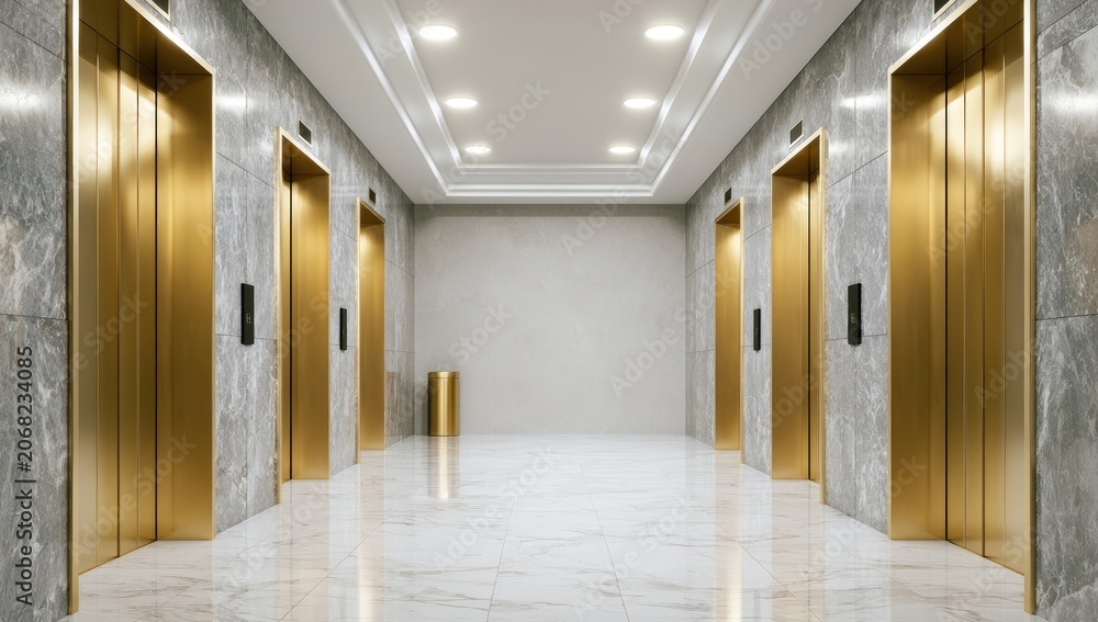 Naklejka premium Luxurious modern elevator lobby with marble, gold doors, and sleek lighting