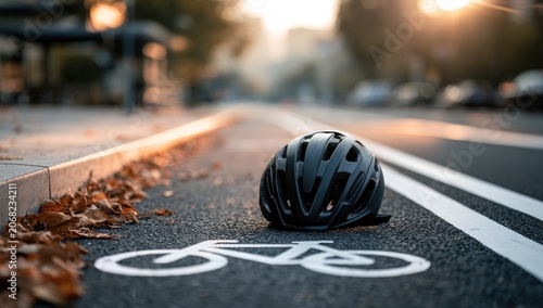 Black bicycle helmet rests on a bike lane at sunrise, autumn leaves scattered nearby