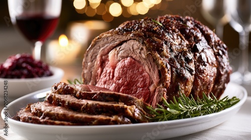 A perfectly roasted, sliced prime rib dinner with festive decor