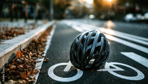 Black helmet rests on a bike lane during golden hour with autumn leaves