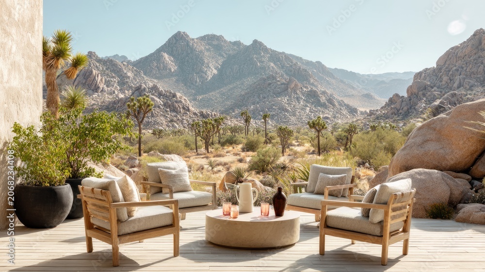 Fototapeta premium Desert patio with modern furniture and rocky mountain backdrop