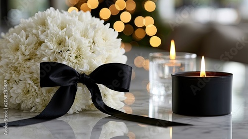 Somber floral tribute with flickering candles and soft bokeh lights