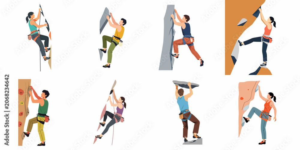 Naklejka premium Set of diverse rock climbers, men and women, engaging in indoor and outdoor bouldering and rock climbing activities on various surfaces and textures.