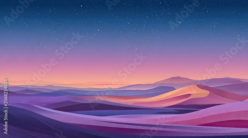Rolling desert dunes under a twilight sky with distant mountains and stars