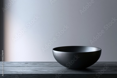 Simple, dark, matte bowl sits on a textured, weathered wooden surface