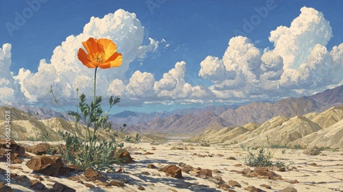 Solitary orange poppy blooms in arid desert landscape under vast sky