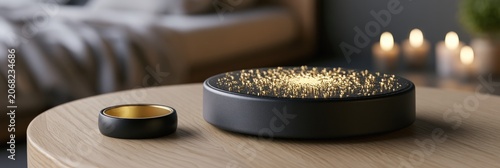 Black ring and glowing light device on wooden table with candles