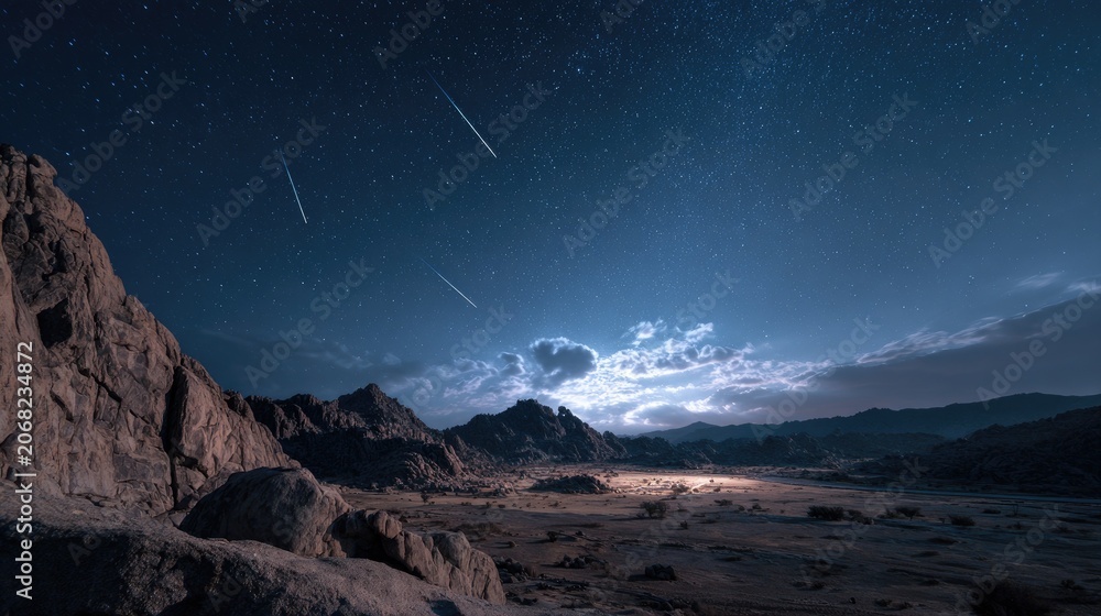 Obraz premium Rocky desert landscape under a starry night sky with meteor showers