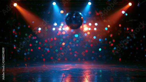 Vibrant disco ball reflects colorful lights on a smoky dance floor