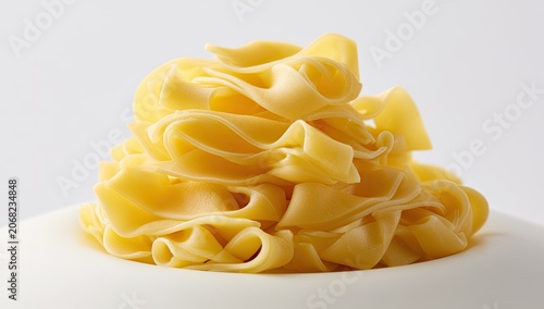 A close-up, studio shot of a mound of freshly cooked, pale yellow pasta