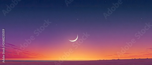 Crescent moon illuminates a vast plain under a gradient twilight sky with distant trees