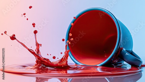 A dark blue mug spills vibrant red liquid in a dramatic splash