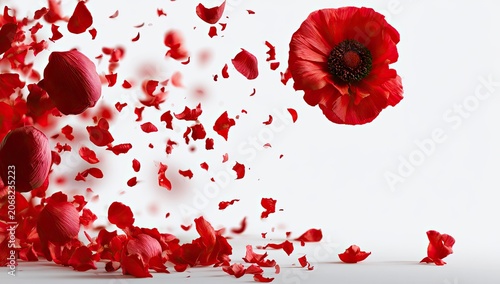 Red flower petals dance and swirl against a white background