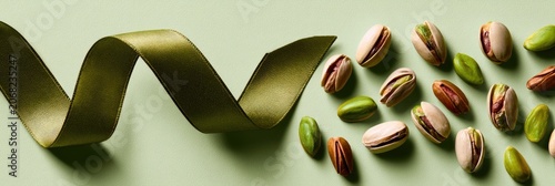 Green ribbon unfurls amidst scattered pistachios on a pale green backdrop