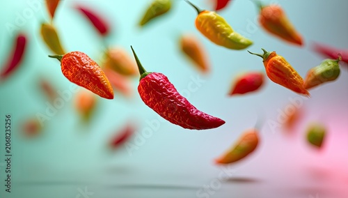 Many vibrant chili peppers of varying ripeness falling dynamically against a soft background