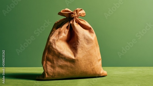 A brown paper sack tied at the top, sits on a textured green surface