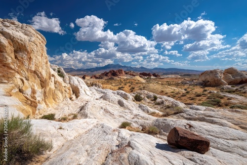Arid landscape with swirling white rock formations under a bright blue sky