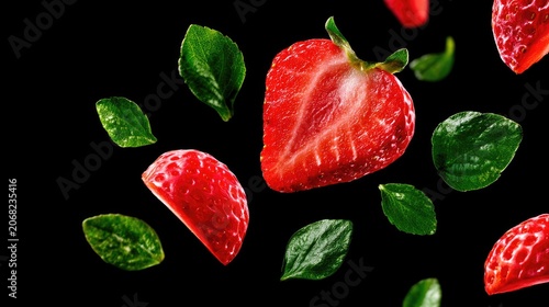 Sliced and whole ripe strawberries with green leaves floating in darkness
