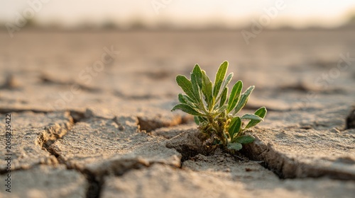 Delicate green plant sprouts from arid cracked earth under warm light