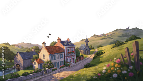 Fotografía Rustic countryside village with thatched-roof houses on a hillside under a clear