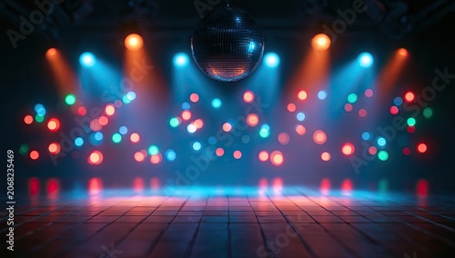 Illuminated disco ball hangs over colorful bokeh lights and polished floor