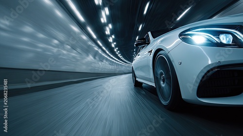 Sleek white car speeds through illuminated tunnel, motion blur effect