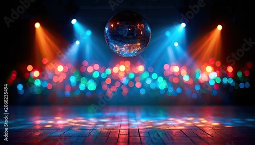Glittering disco ball hangs above colorful bokeh lights, illuminating wooden floor