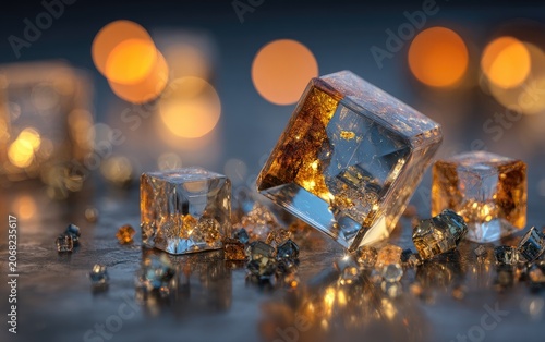 Gleaming crystalline cubes and shards scattered on a textured surface, soft bokeh lights
