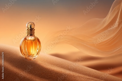 Elegant glass perfume bottle on desert sand dune with flowing fabric