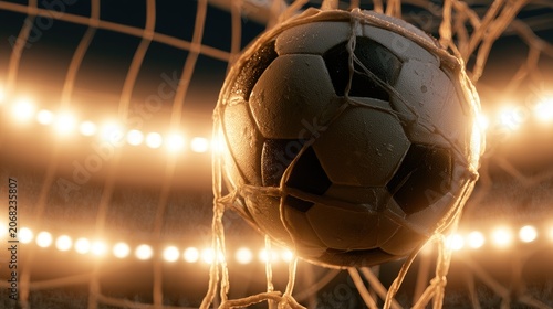 A soccer ball, glistening with moisture, is suspended mid-air within a taut net