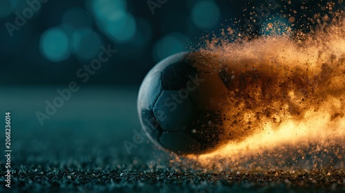 A soccer ball engulfed in flames and debris on a sports field