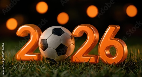 3D numbers 2026 with a soccer ball on grass, blurred lights