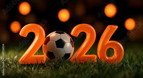 Orange numerals 2026 with soccer ball on grass, blurred lights