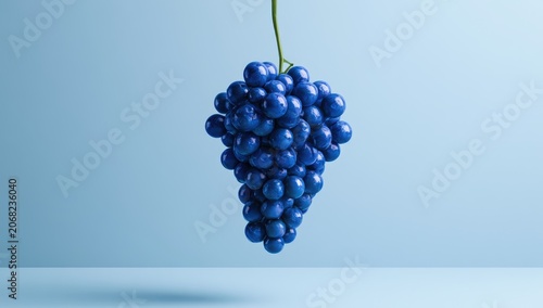 A single bunch of vibrant blue grapes hangs from a thin stem against a pale blue background