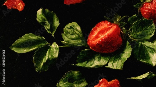 Realistic painting of fresh red strawberries with green leaves on dark background