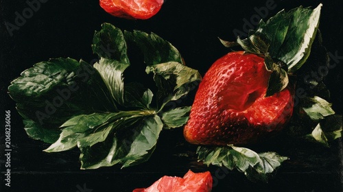 Ripe red strawberries with green leaves, dark background, dramatic lighting