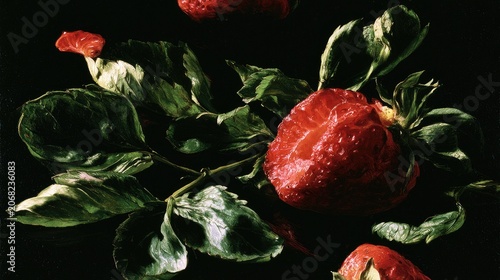 Rich red strawberries with vibrant green leaves against a dark background