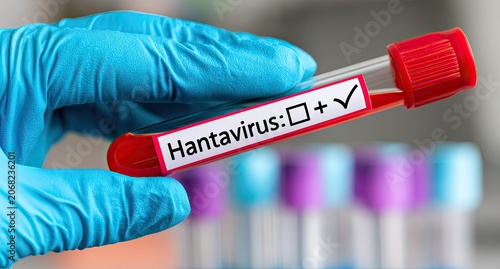 Gloved hand holds blood sample tube labeled 