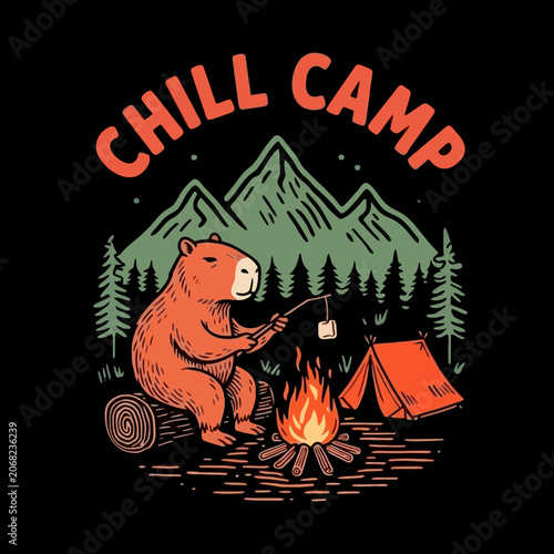Fotografie Brown bear sitting by campfire.