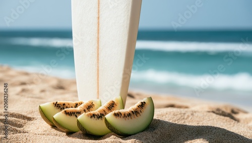 Slices of melon rest on sand with a surfboard by the ocean