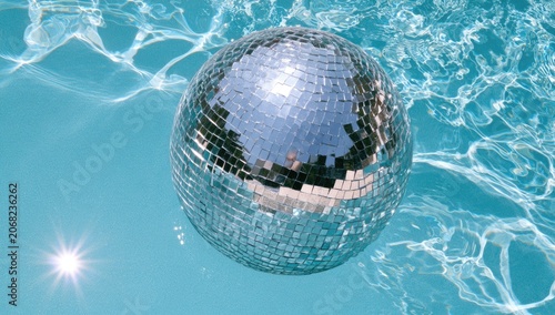 Reflective disco ball floats in bright blue swimming pool water, sparkling sun glint