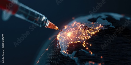 Syringe injecting glowing liquid into illuminated North America on dark globe
