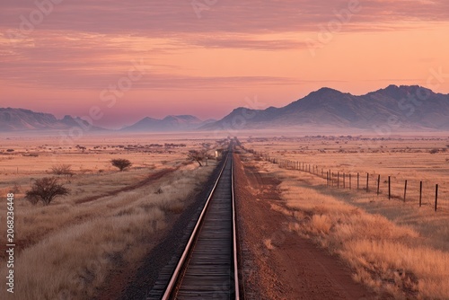 Endless railway tracks stretch across arid landscape towards distant hazy mountains