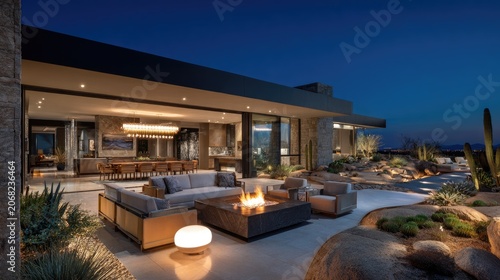 Modern luxury patio with fire pit and desert landscaping at dusk