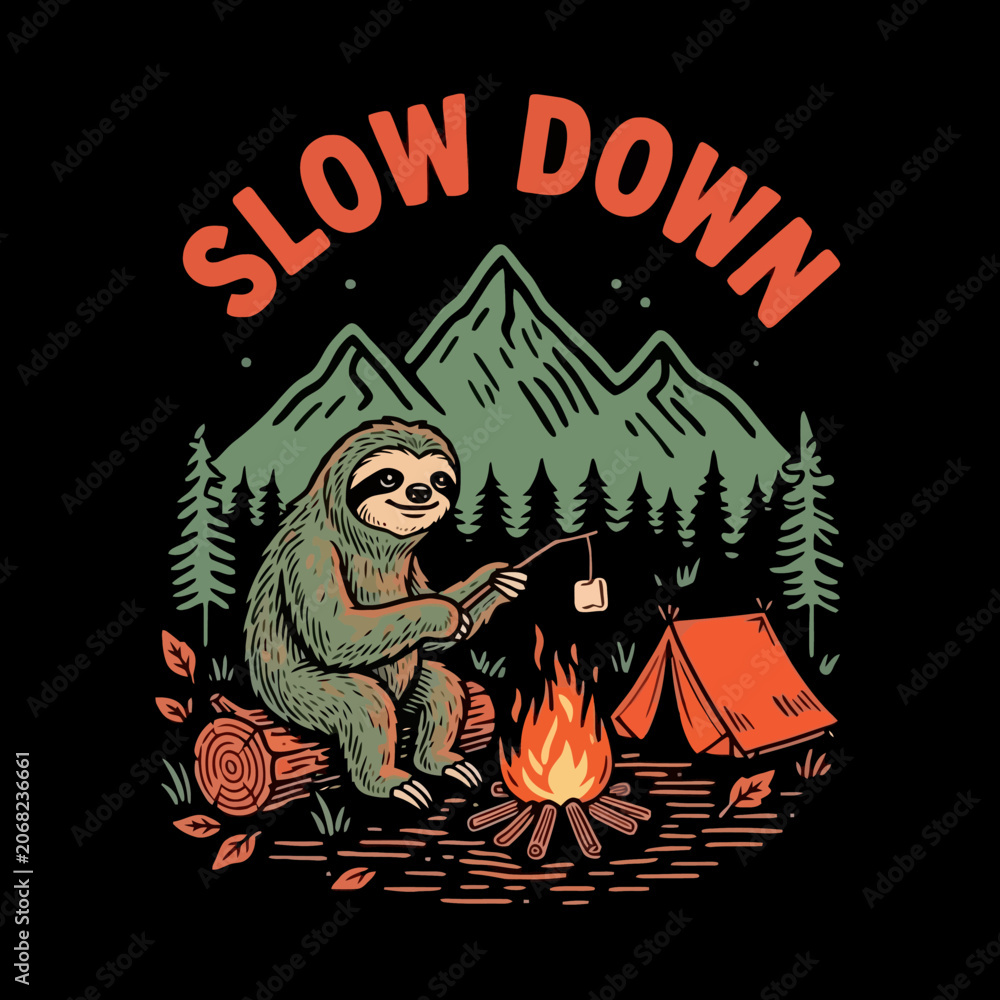 Obraz premium Sloth sitting by campfire relaxing.