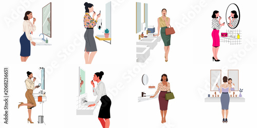 Bild auf Leinwand Set of flat illustrations showing various professional women applying lipstick and touching up their makeup in office restroom mirrors